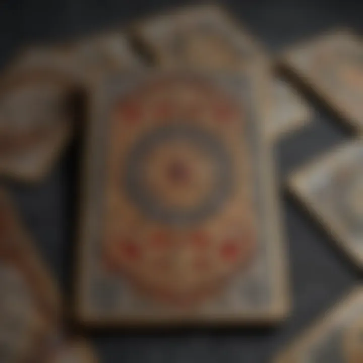 Close-up of tarot cards revealing intricate designs and symbols