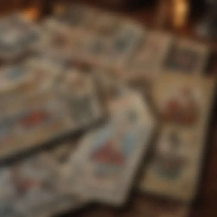 A collection of various vintage tarot decks displayed artistically.
