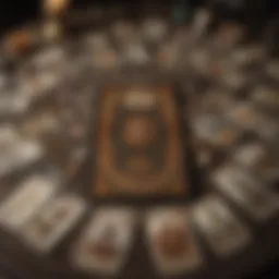 A detailed illustration of tarot cards laid out in a spread, showcasing various symbols and meanings.