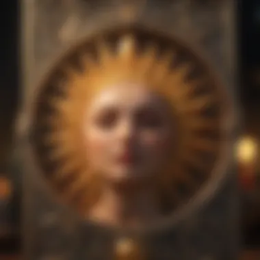 A close-up of a tarot card featuring the Sun symbol