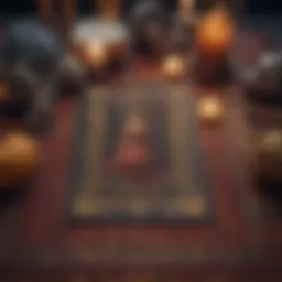 An intricate tarot card spread laid out on a mystical cloth