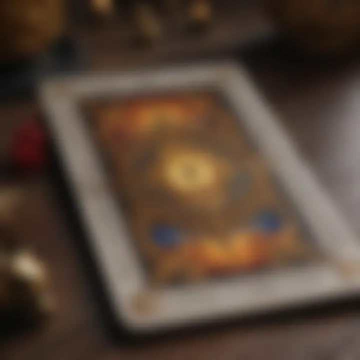 Close-up of a tarot card with detailed symbolism and imagery