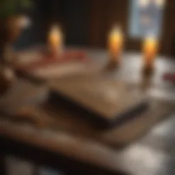 A vintage tarot deck displayed on an ornate table with candles.