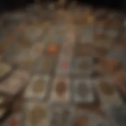 A close-up of tarot cards spread out on a table, highlighting the unique designs