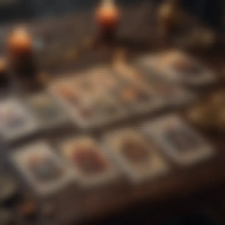 A close-up of tarot cards spread out on a mystical table