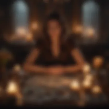 A person using intuition during a tarot reading, surrounded by candles and crystals.