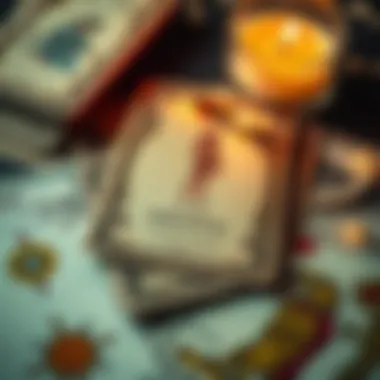 A close-up of tarot cards with symbols and illustrations