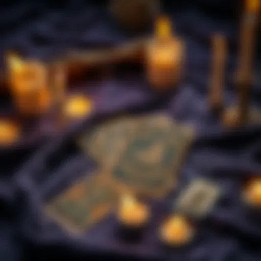 A mystical tarot deck on a velvet cloth surrounded by candles