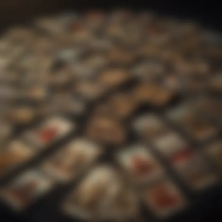 A close-up view of tarot cards laid out in a spread, revealing their unique imagery and symbolism.