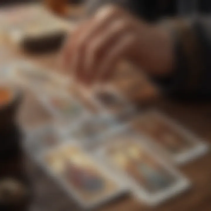 A close-up of a hand selecting a tarot card, emphasizing the moment of decision in a reading.