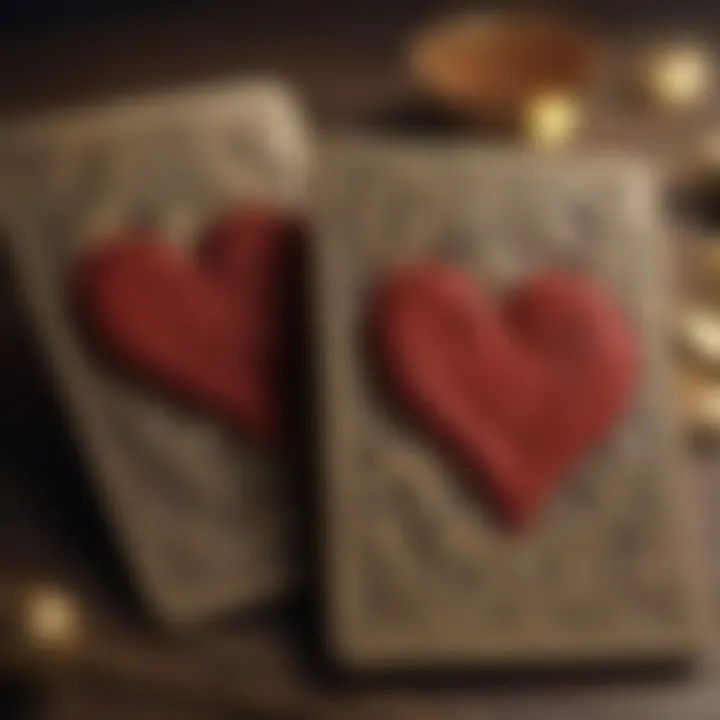 A close-up of tarot cards illustrating love symbols