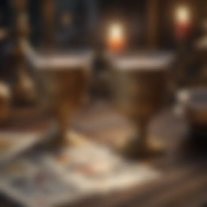 A close-up of the Two of Cups card surrounded by related tarot symbols, showcasing its significance.