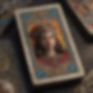 Close-up of tarot cards featuring intricate artwork