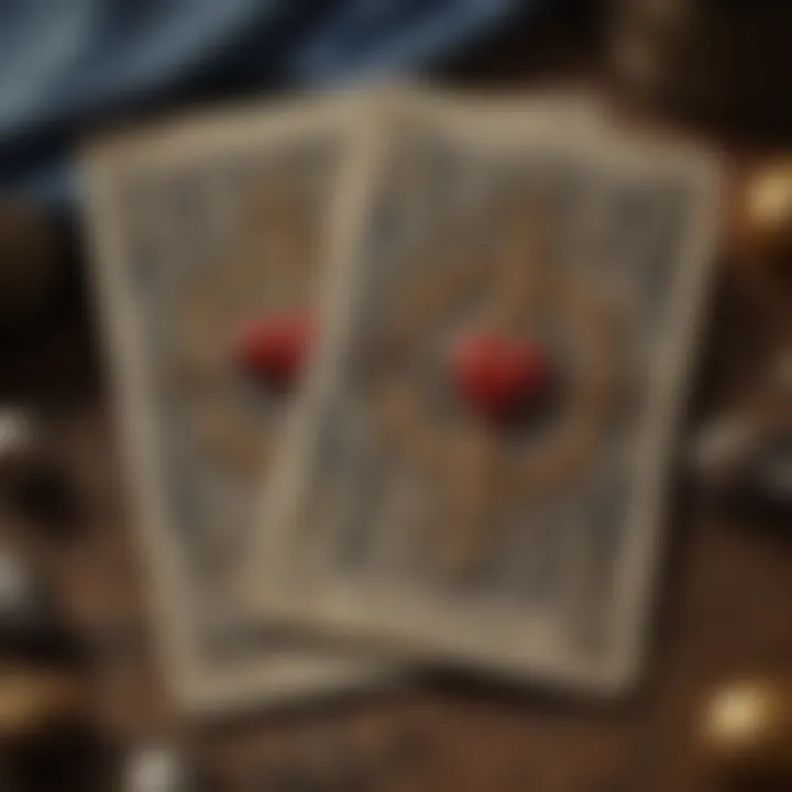 A close-up of tarot cards depicting love and partnership symbols