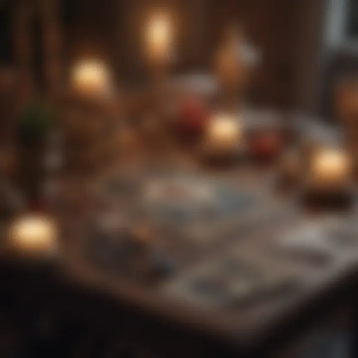 A tarot spread laid out on a mystical table with candles and crystals