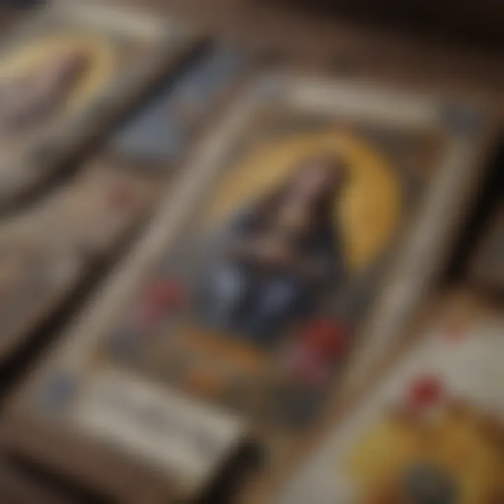 A close-up of tarot cards illustrating diverse imagery