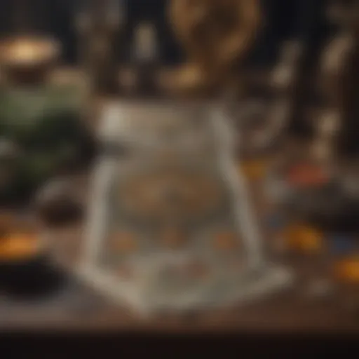 A detailed view of a tarot deck spread on a mystical table