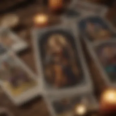 A close-up view of a tarot card spread during a reading