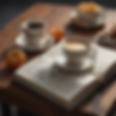 A close-up of an open book with a cup of coffee and a plate of delicacies