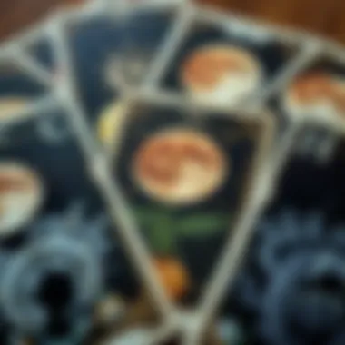 Close-up of tarot cards depicting various lunar symbols