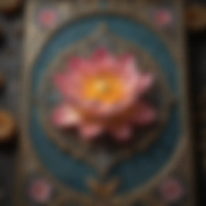 Close-up of a single tarot card with lotus motifs