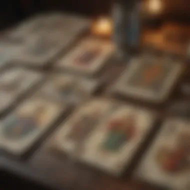 A close-up of tarot cards showing various archetypes and symbols