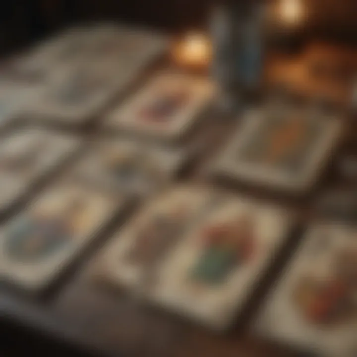 A close-up of tarot cards showing various archetypes and symbols