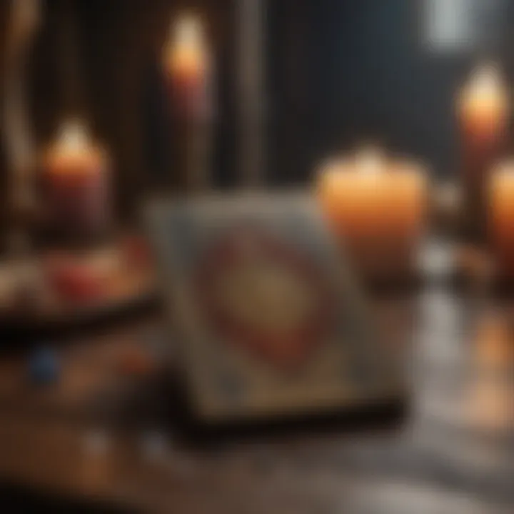 A close-up of the Truth Tarot Card laid on a wooden table, surrounded by candles and crystals.