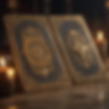 Close-up of tarot cards with symbols representing yes and no