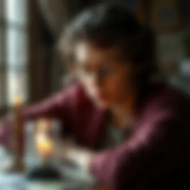 An individual contemplating a tarot reading with a lit candle