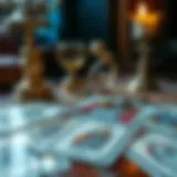 A close-up of tarot cards laid out on a mystical table