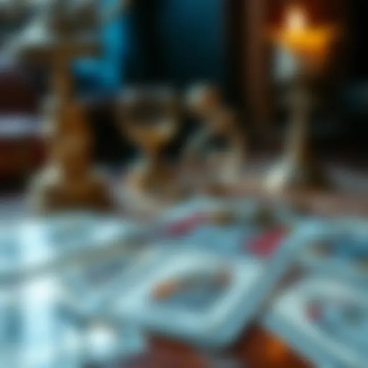 A close-up of tarot cards laid out on a mystical table