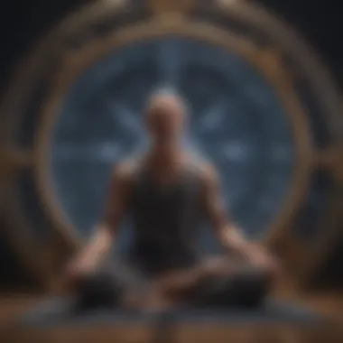 A person meditating with astrological symbols around them