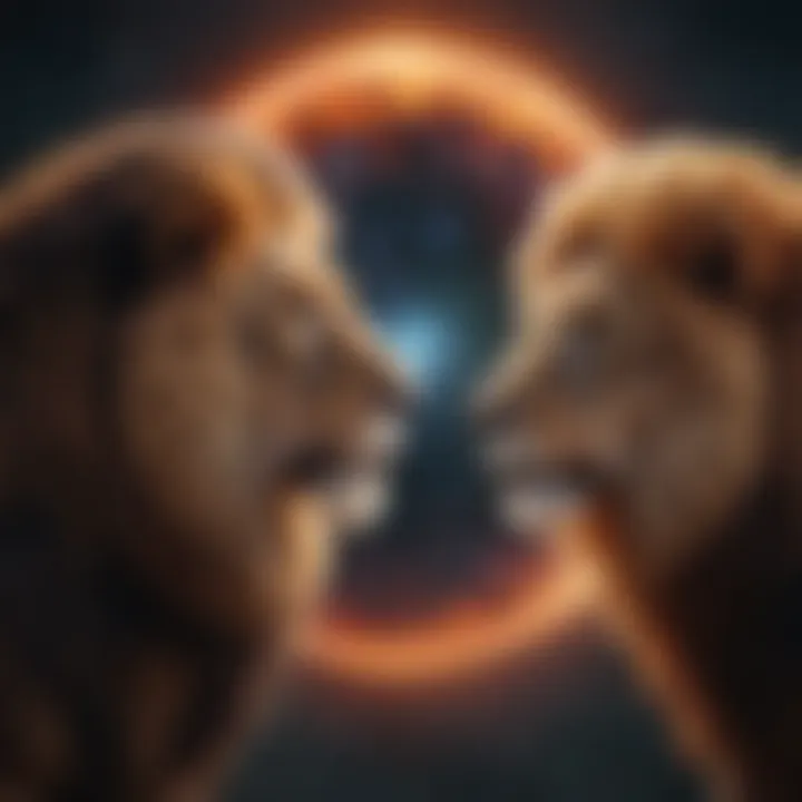 A fiery lion and a bold ram facing each other in the cosmic sky