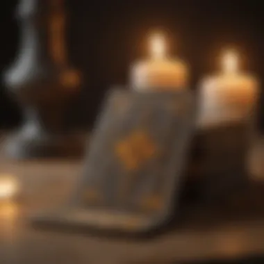 A close-up of tarot cards with illuminated candles in the background.