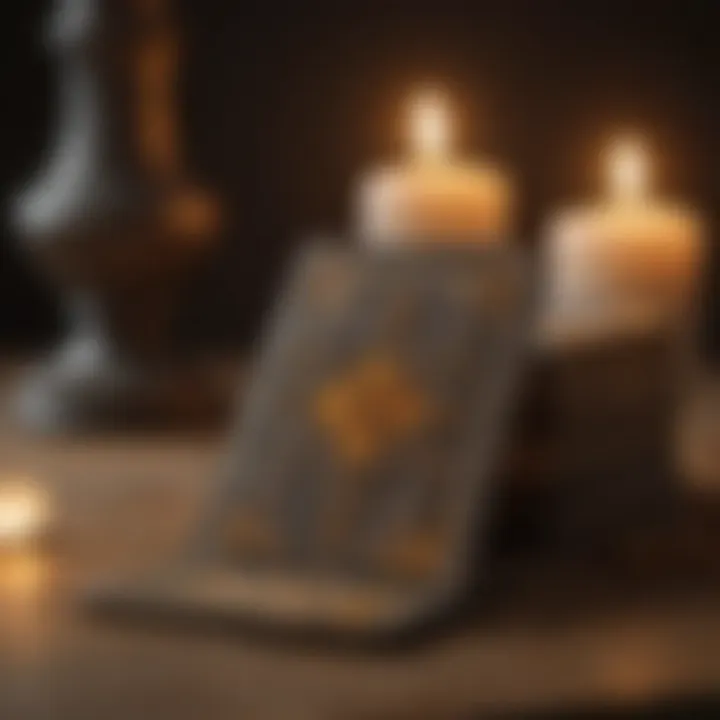 A close-up of tarot cards with illuminated candles in the background.