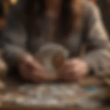 An individual engaging in a meditative shuffling of tarot cards to enhance intuition