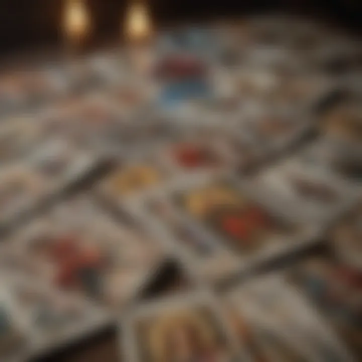 A close-up of tarot cards representing various interpersonal dynamics