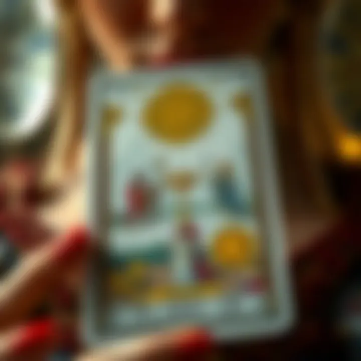 Close-up of a tarot card featuring rich symbolism.