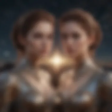 Mystical illustration of Gemini twins under celestial skies