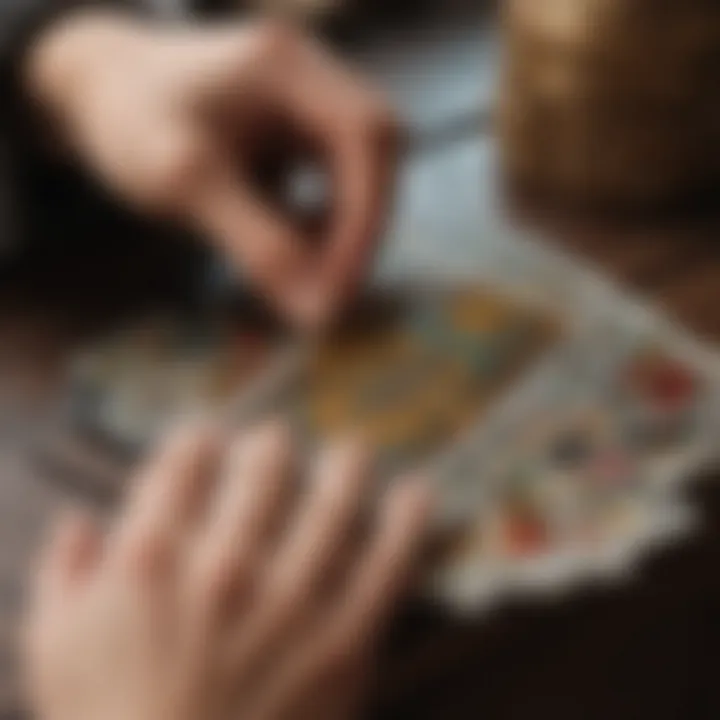 A close-up of a hand selecting a tarot card from the deck.