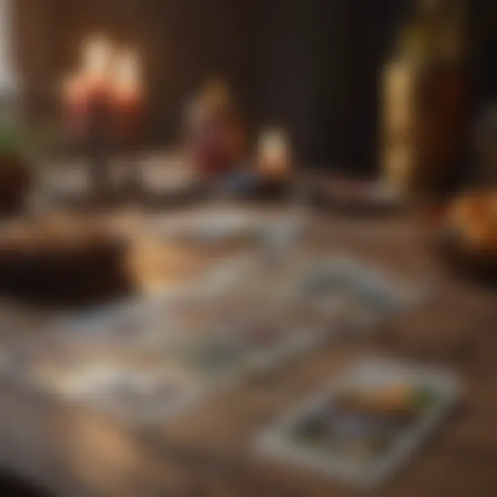 A tarot card spread laid out on a wooden table.