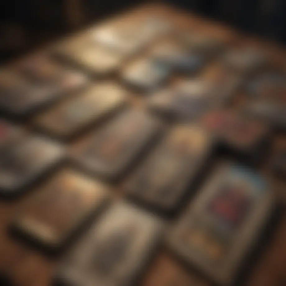 A diverse array of tarot decks displayed on a wooden table.