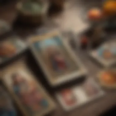 A close-up of tarot cards spread on a table, showcasing vibrant illustrations and symbols.