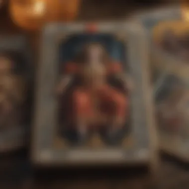 A close-up of several tarot cards showcasing rich symbolism and detailed artwork.