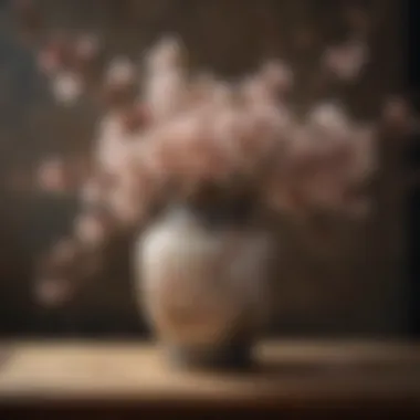 An intricate still life showcasing blooming cherry blossoms in a traditional vase