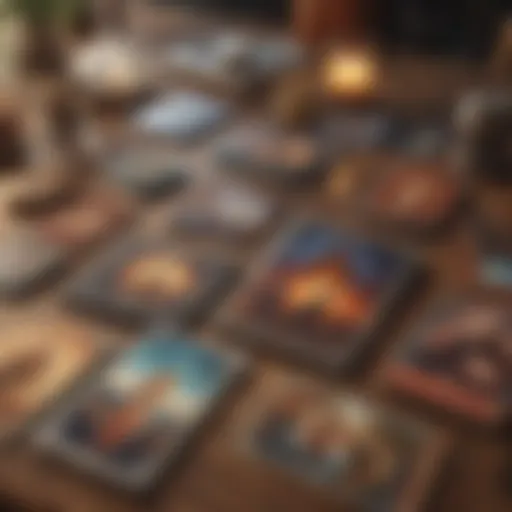 A vibrant spread of oracle cards on a wooden table, showcasing diverse artwork and symbolism.