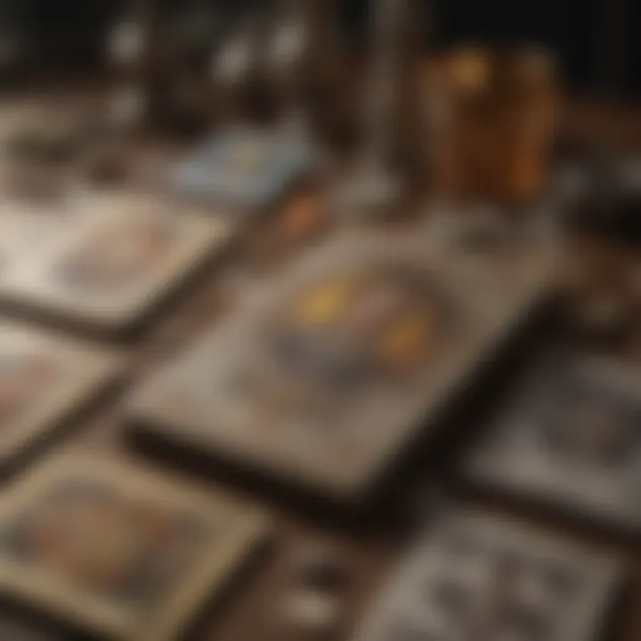 A close-up view of the tarot cards spread on a table