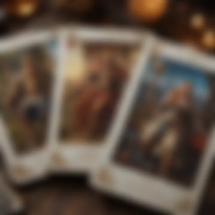 A detailed close-up of three tarot cards representing different archetypes, emphasizing their individual significance.