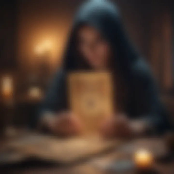 Illustration of a mysterious cloaked figure performing a tarot reading